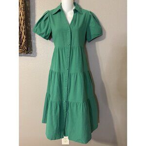 Area Stars Midi Dress XS Extra Small Green Cotton Tiered Short Sleeve Washable